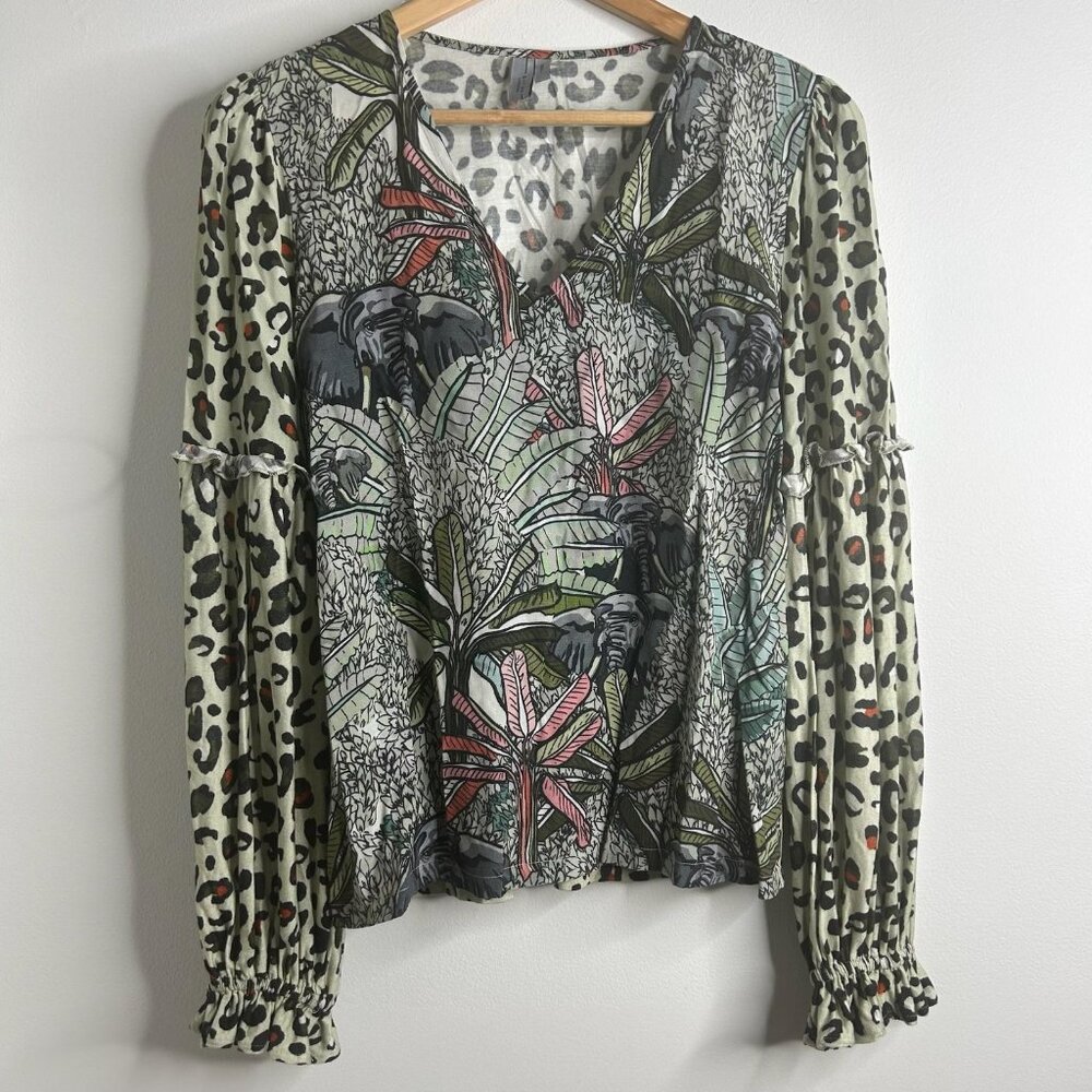 Blank London Blouse Top Sz Small Green V-Neck Jungle Animal Print Boho Peasant